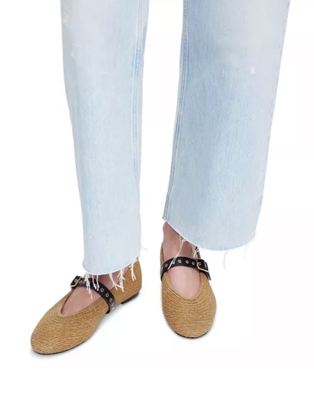 Madewell NIB The Remy Mary Jane Straw Flats with Black Studded Strap, 7.5